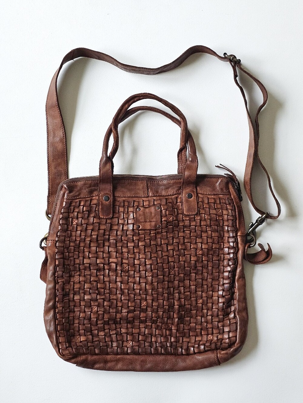 Biba Barcelona Woven Genuine Leather Crossbody Tote Brown Satchel Bag
